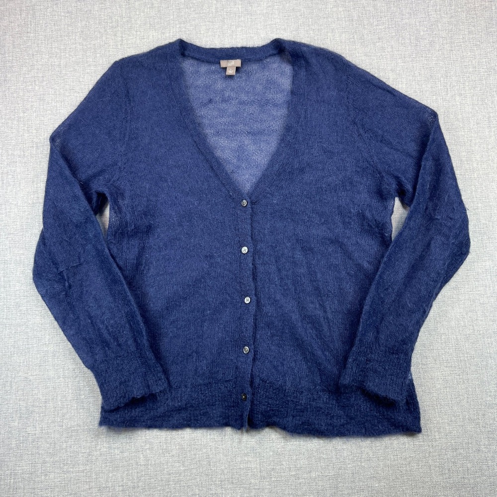 J. Jill Mohair Blend Cardigan Sweater Women's L Blue Button Front Fuzzy Knit